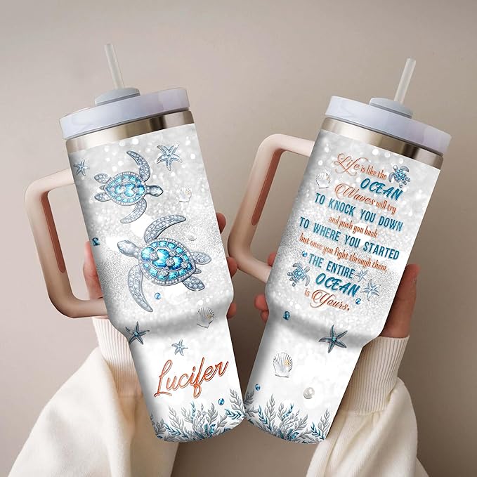 WAZONE Personalized Sea Turtle Tumbler 40oz with Handle and Straw Custom Name Jewelry Style Life Is Like The Ocean Novelty Insulated Cup Stainless Steel Gifts for Women Animal Turtles Lovers