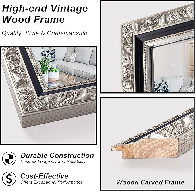 Large Antique Mirror, Rectangular Retro Vintage Silver Mirrors - Image 4
