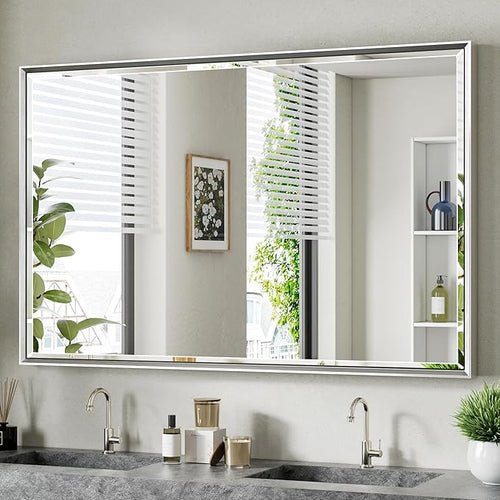 48 x 30 Beveled Bathroom Mirror, Shatterproof Rectangle Mirror, Metal Framed by QUEENFUN