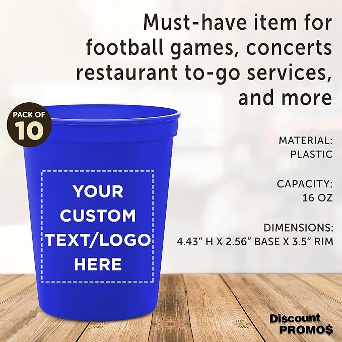 DISCOUNT PROMOS Custom Plastic Stadium Cups 16 oz. Set of 10, Personalized Bulk Pack - Perfect for Birthdays, Weddings, Picnic, Beach, Parties - Blue