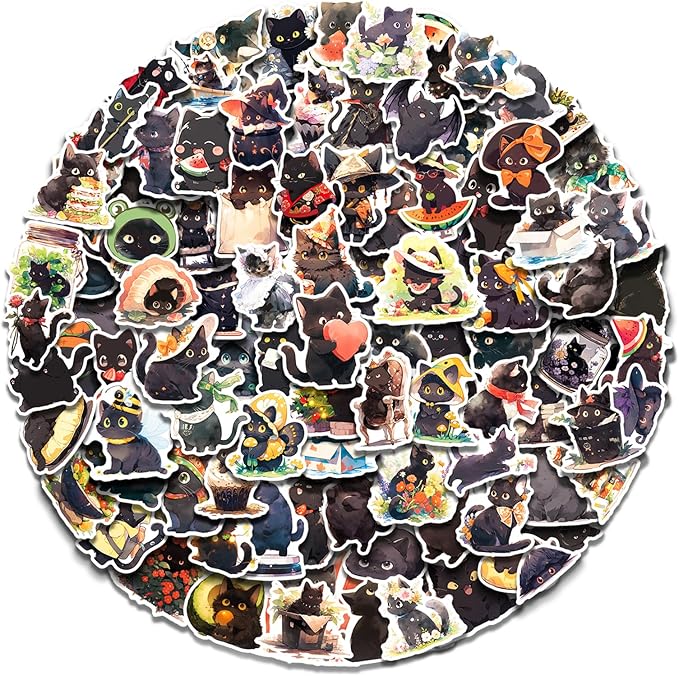 AOWDIAO 100 Pcs Black Cat Stickers Cute Cat Gifts Vinyl Cat Sickers for Water Bottles Laptop