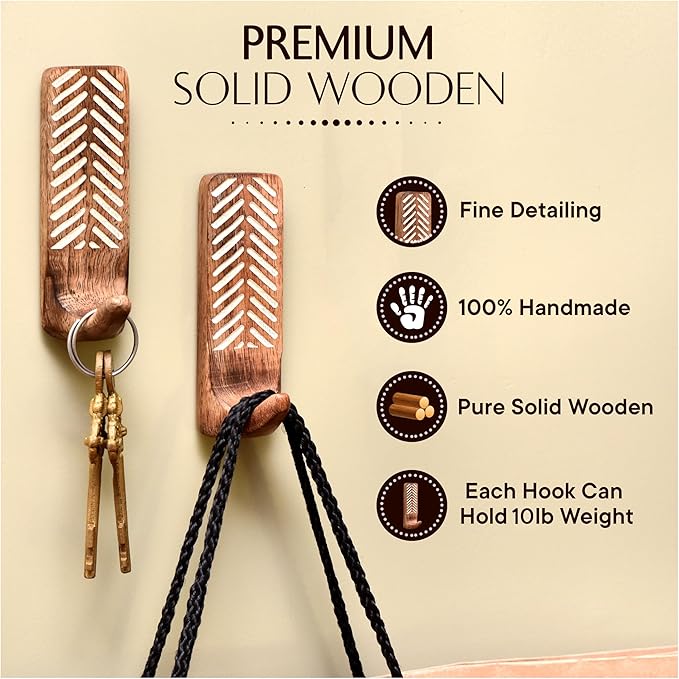 IndianShelf 10 LB- 3 Pieces Decorative Wood Adhesive Wall Hooks–Boho Peel and - Image 5