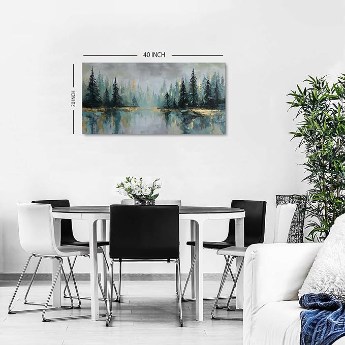 Green Forest Wall Art Vintage Fog Pine Trees Landscape Wall Decor Nature Green - Image 2