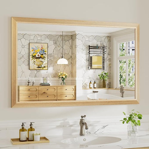 48x30 Inch Bathroom Mirror for Wall, Anti-Rust Oak Wood Grain Metal Framed by Briivuemodernmirrors