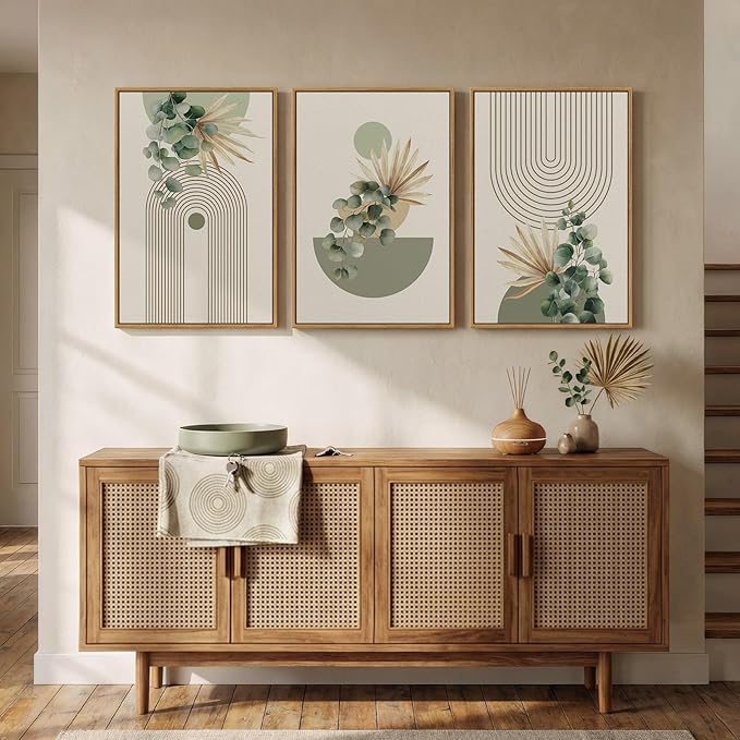 Framed Green Boho Wall Art for Living Room, 3 Piece Bohemian Botanical Canvas - Image 4