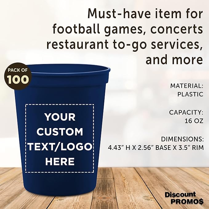 DISCOUNT PROMOS Custom Plastic Stadium Cups 16 oz. Set of 100, Personalized Bulk Pack - Perfect for Birthdays, Weddings, Picnic, Beach, Parties - Navy Blue