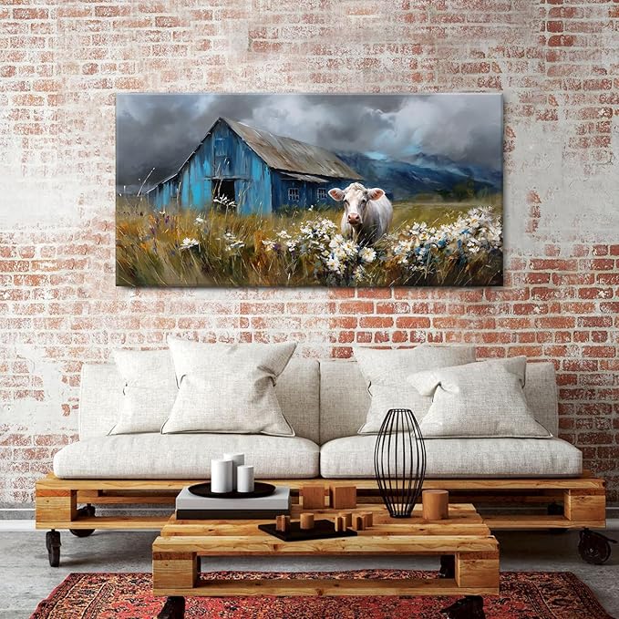 Rustic Farmhouse Wall Art Cow and Blue Barn Canvas Pictures Country Landscape - Image 2