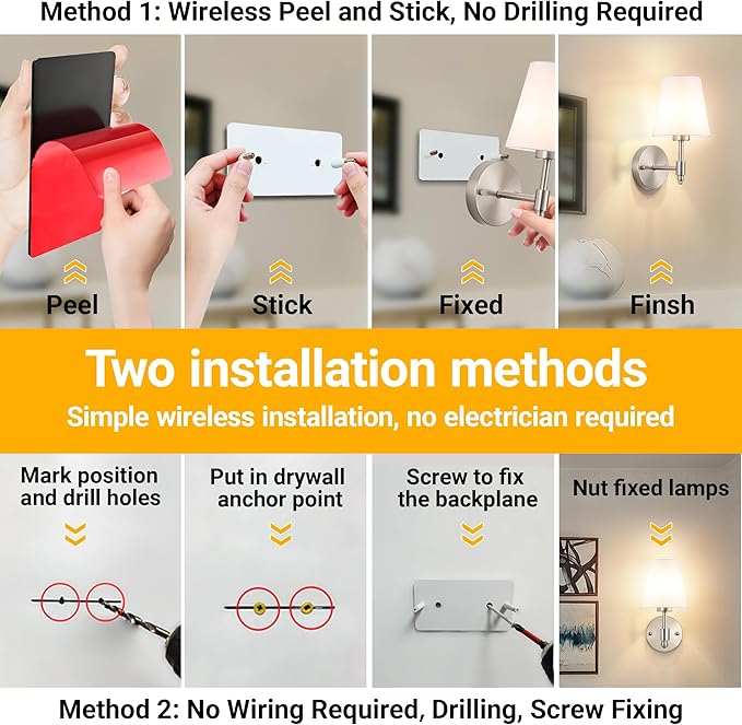Vimhou Peel and Stick Wall Sconces, Stick On Wall Sconce Set of 2, Battery - Image 3