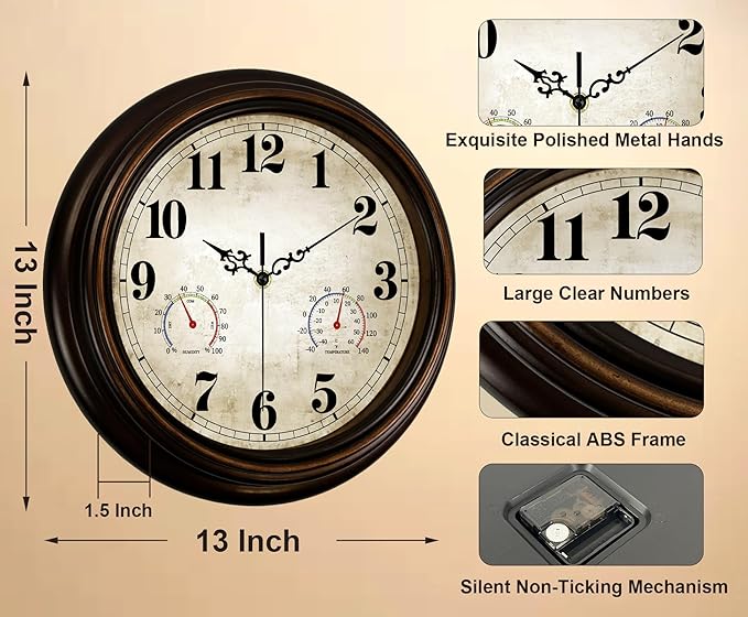 Vintage Wall Clock 13 Inch Quartz Silent Non-Ticking Analog Clock - Image 3