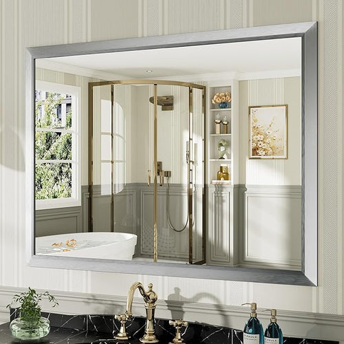 48x36 Inch Brushed Silver Bathroom Mirror by Briivuemodernmirrors