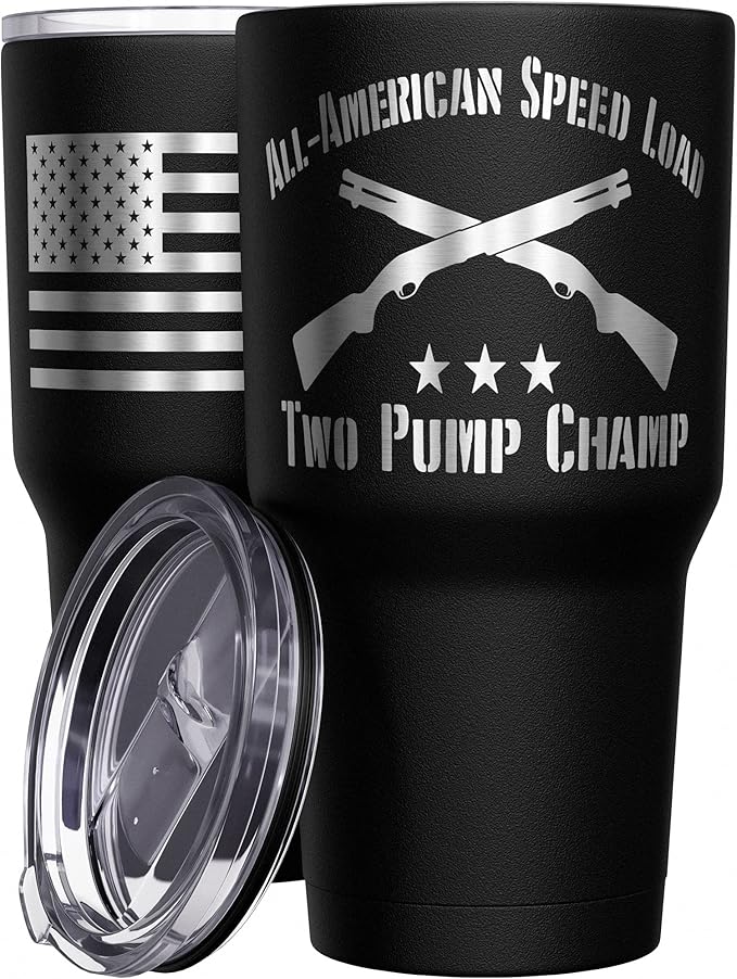We The People Holsters - Two Pump Champ - Coffee Tumbler - American Flag Coffee Travel Mug - Engraved Tumbler - Double Insulated Tumbler - 30 oz