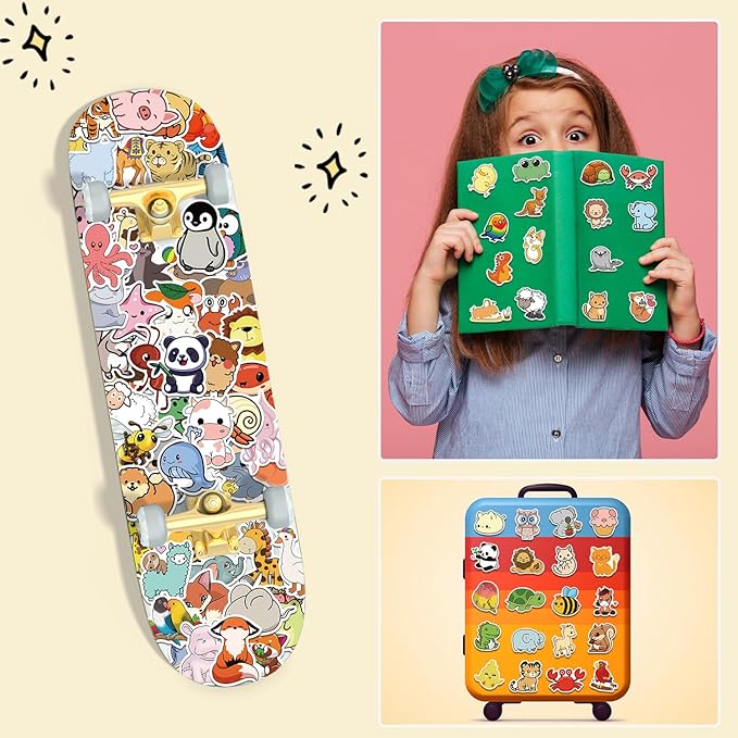 100 PCS Cute Animal Stickers-Prize Box Toys for Kids Classroom, Water Bottle Stickers for Kids Waterproof,Waterproof Vinyl Reward Stickers for School Students Gifts