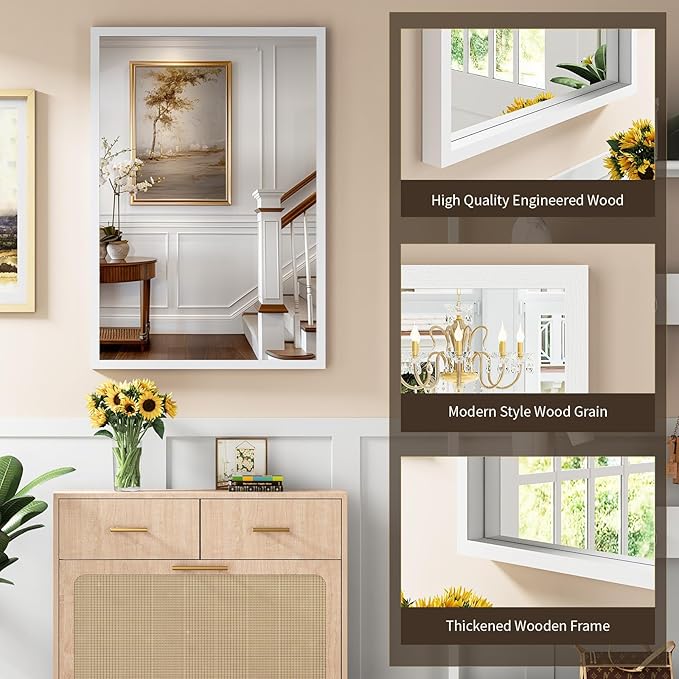 Syndra White Wood Frame Bathroom Mirror, Waterproof Slim Deep Frame, - Image 3