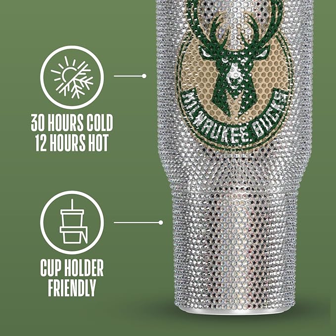 Hydrapeak x NBA Officially Licensed Milwaukee Bucks Voyager 40 oz Stainless Steel Bling Tumbler with Handle, Insulated Rhinestone Water Bottle With Straw & Lid, Includes Gift Box
