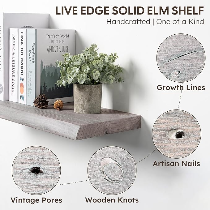 Long Live Edge Floating Shelf, 55 Inch Solid Elm Wood - Image 4