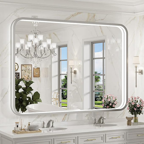 40x30 Inch LED Mirror for Bathroom, Brushed Sliver Metal Frame Lighted Vanity by FTOTI