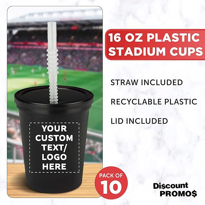 Custom Reusable Plastic Cups with Lid and Straw 16 oz. Set of 10, Personalized Bulk Pack - Perfect for Birthdays, Weddings, Picnic, Beach, Parties - Black