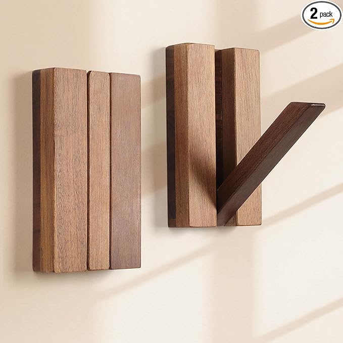 Foldable Wall Hooks 2Pack: Rustic Wooden Coat Hooks Mounted by KYIAANY