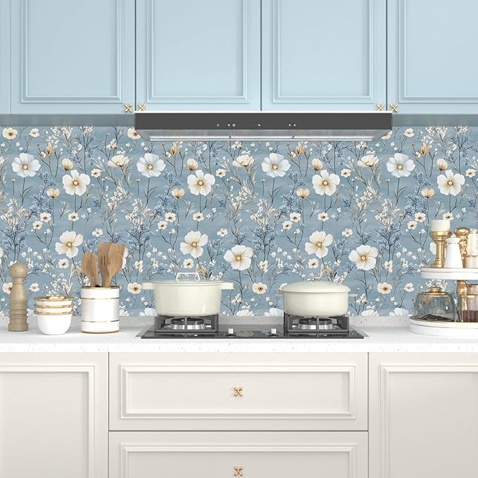 Laatse Blue Floral Peel and Stick Wallpaper White Botanical Contact Paper - Image 3