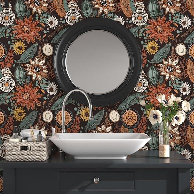 Laatse Rustic Boho Wallpaper Peel and Stick, Vintage Dark Brown Floral Contact - Image 2