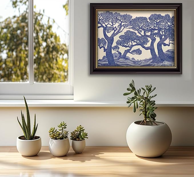 Vintage Gold Framed Wall Art Oak Tree Forest Painting Canvas Prints Blue - Image 8