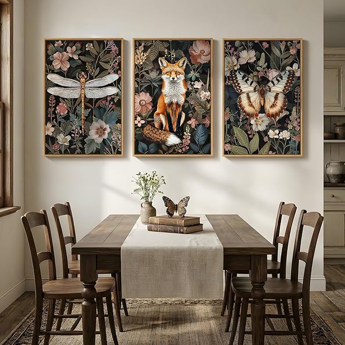 Framed Vintage Botanical Animal Wall Art Set of 3, Dark Floral Butterfly - Image 4