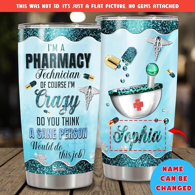 WAZONE Personalized Pharmacy Tumbler 20oz 30oz Customize Name Stainless Steel Travel Mug Vacuum Insulated Cup With Lid Funny Technician Gifts For Girls Women Pharmacists Coworkers Pharmacist