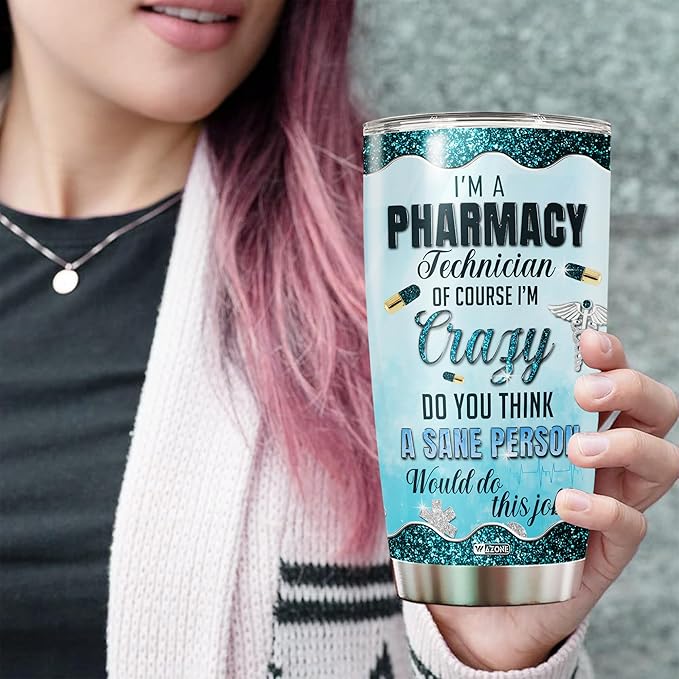 WAZONE Personalized Pharmacy Tumbler 20oz 30oz Customize Name Stainless Steel Travel Mug Vacuum Insulated Cup With Lid Funny Technician Gifts For Girls Women Pharmacists Coworkers Pharmacist