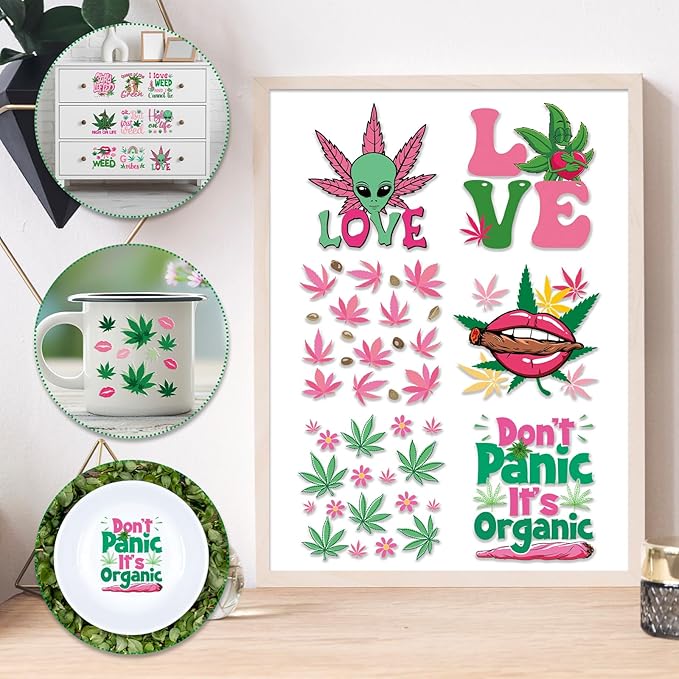 UV DTF Cup Wraps - 20 Sheets 420 Theme UV DTF Decals for 16 oz Glass Mugs, Tumblers, Weed Alien Lip Waterproof Rub on Transfer Stickers for DIY Wood Crafts