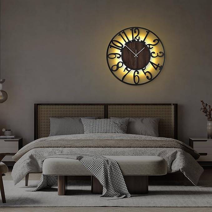 LEIKE Large Wall Clock 24'' Lighted Rustic Wood Clock - Image 6