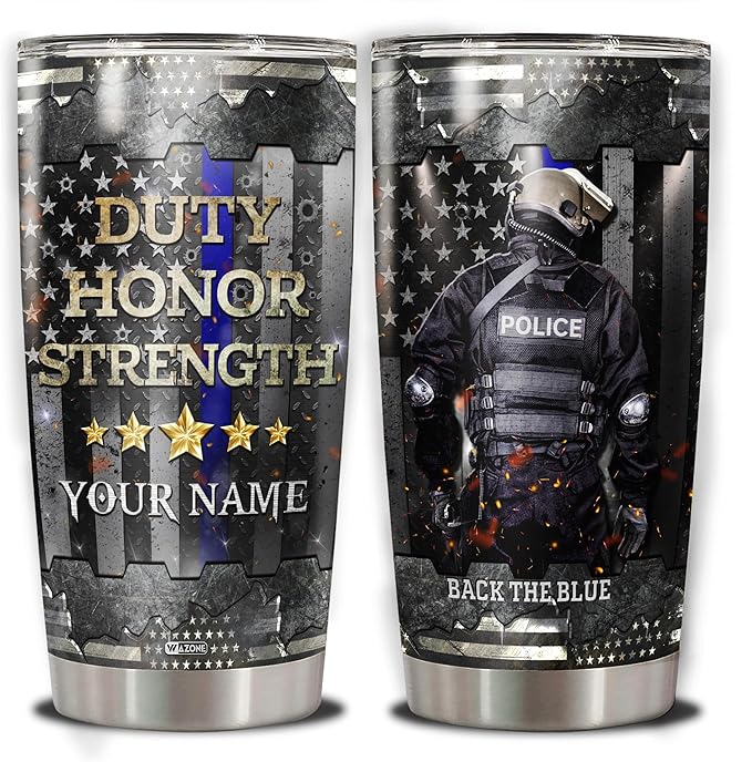 WAZONE Personalized Police Officer Stainless Steel Tumbler 20oz 30oz Custom Name Insulated Cup Travel Mug Policeman Gifts Things For Cops Law Enforcement Stuff For Officers