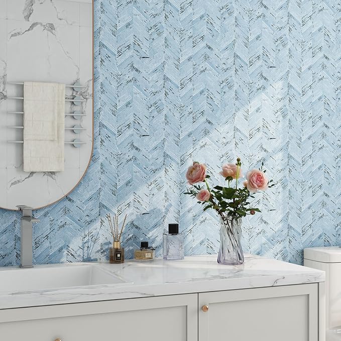 Livelynine 15.8x197 Blue and White Grass Cloth Wallpaper Peel and Stick Contact - Image 4
