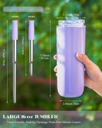 16 oz Insulated Coffee Tumblers, Travel Coffee Tumblers with Straw, Double-Wall Stainless Steel Tumbler, Leak Proof Tumbler, Reusable Cups with Lids for lced and Hot Drinks (Purple)