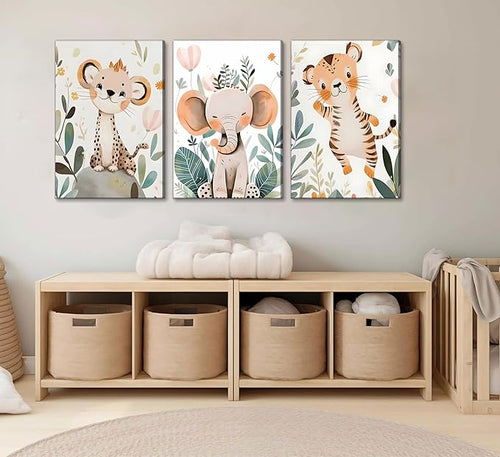 3 Pcs Safari Animals Nursery Canvas Wall Art Jungle Animals Cheetah Elephant - Image 2