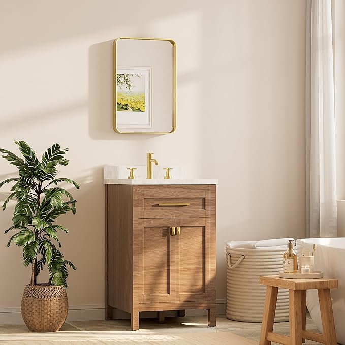 TETOTE 16 x 24 Inch Brushed Gold Frame Mirror, Brass Gold Bathroom Vanity Mirror - Image 2