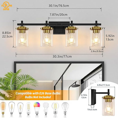 4-Lights Black and Gold Bathroom Vanity Light, Modern Bathroom Wall Sconces - Image 2