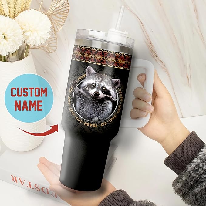 WAZONE Personalized Raccoon Coffee Tumbler Stainless Steel Tumblers With Lid 40oz Insulated Cups Custom Name Birthday Christmas Thanksgiving Gifts For Raccoons Lovers Friends Besties Sisters