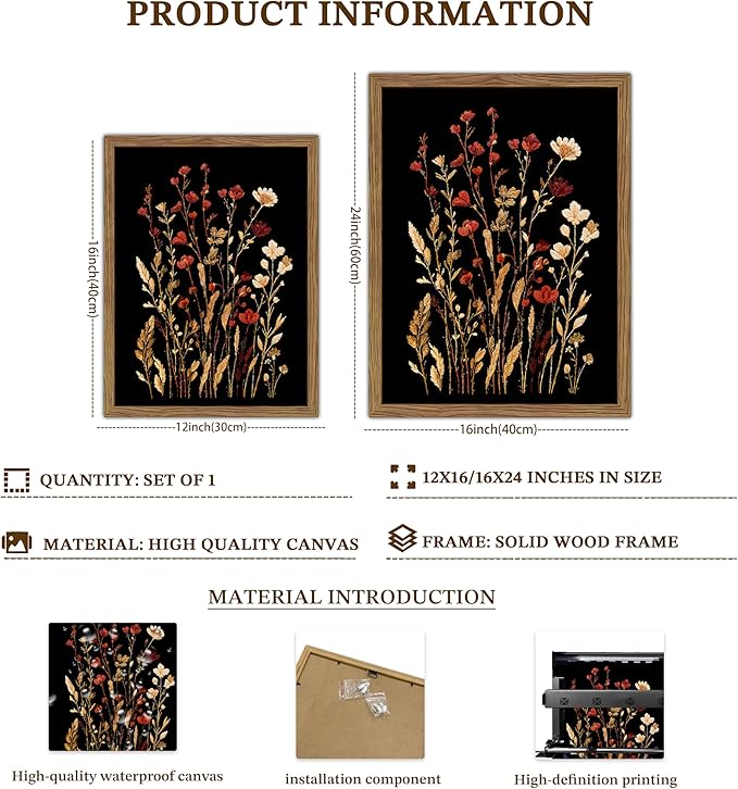 Framed Vintage Floral Wall Art, Dark Wildflower Botanical Canvas Wall Decor - Image 4