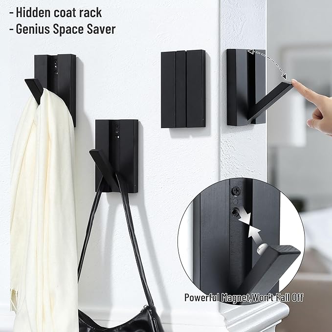 Folding Wall Hooks 4Pack: Black Modern Wooden Coat Hooks Mount - Image 3