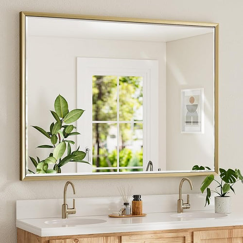48 x 36 Gold Bathroom Mirror, Brushed Gold Beveled Bathroom Mirror, by QUEENFUN