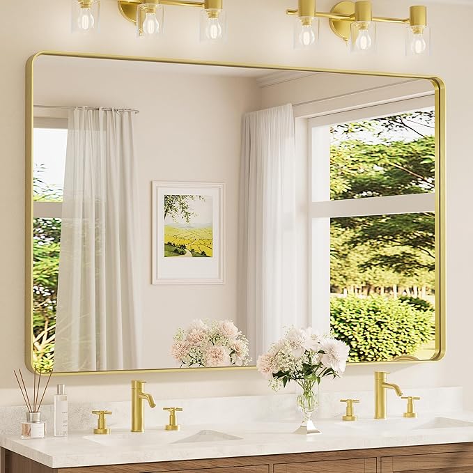 TETOTE 60 x 40 Inch Brushed Gold Frame Mirror, Brass Bathroom Vanity Mirror by TETOTE