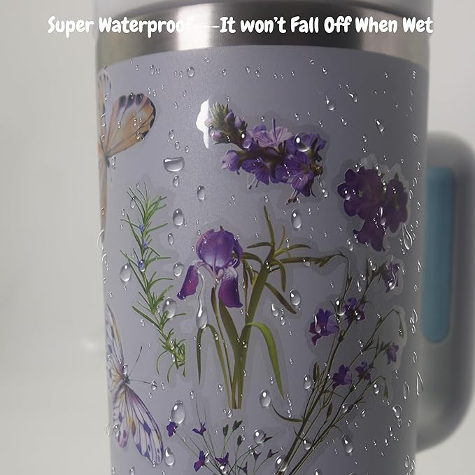 6 Sheets Natural Transparent Flower Stickers and 40 Pcs Realistic Butterfly Stickers for Stanley Cup Decoration,Cute Waterproof Flower Butterfly Decal Stickers for Tumbler DIY Iris