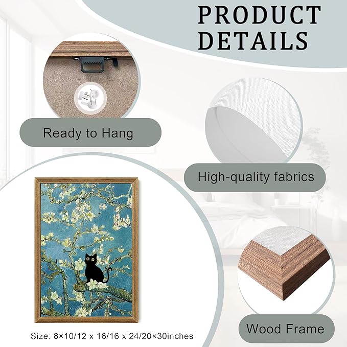 Fantasy Artists Van Gogh's Almond Blossom Funny Black Cat Canvas Wall Art - Image 6