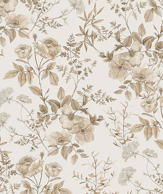 Erfoni 16.9" x118" Boho Floral Peel and Stick Wallpaper Beige Flower and Leaf by Erfoni