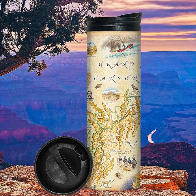 Xplorer Maps Grand Canyon National Park Map 16 Oz Travel Drinkware with Spill-Resistant Lid - Stainless Steel Vacuum Insulated Coffee Tumbler