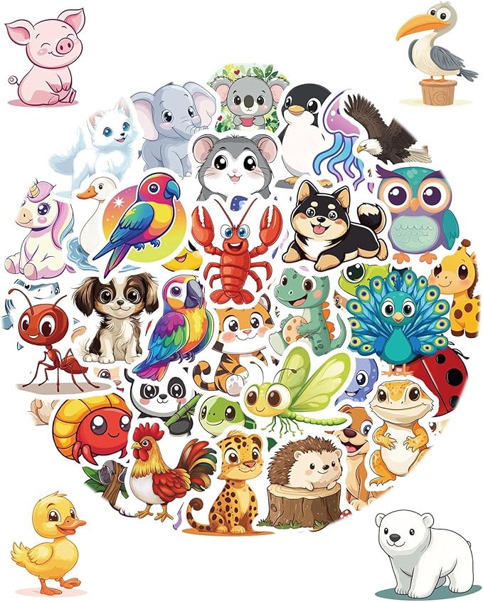 128 PCS Cute Animal Stickers for Kids - Vinyl Waterproof Decals for Laptop, Water Bottle, Phone Case – Fun Sticker Pack for DIY Crafts, Classroom Rewards, and Gift Bags