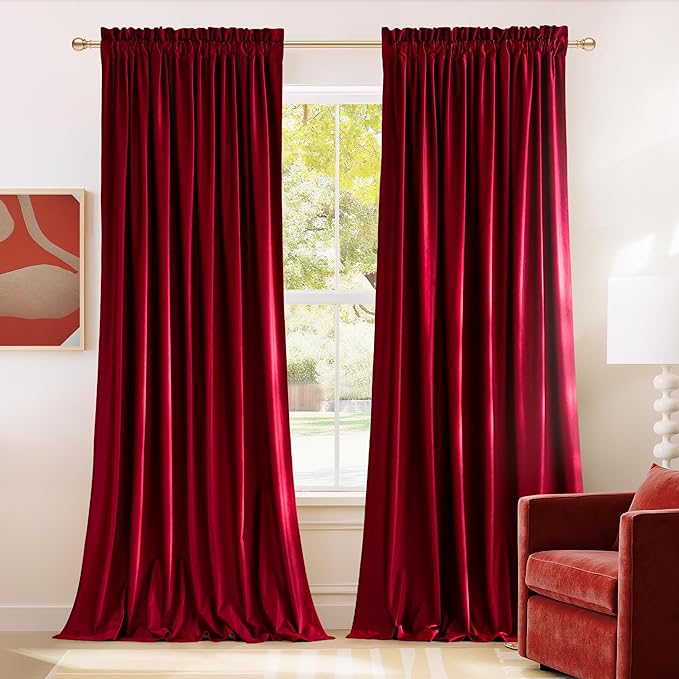 NICETOWN Christmas Red Velvet Curtains 90 inches Long 2 Panels Set, Thermal by NICETOWN