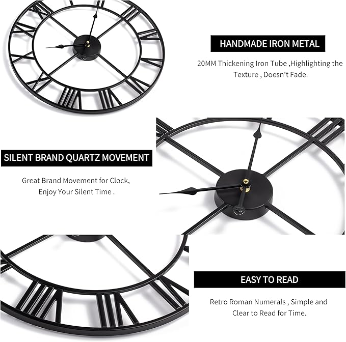 Large Modern Metal Wall Clocks Rustic Round Nearly Silent Little Ticking - Image 4