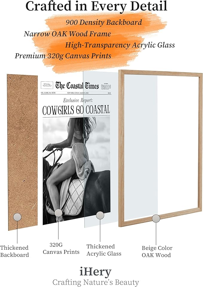 iHery Cowgirls Go Coastal Framed NewsPaper Canvas Wall Art, Natural OAK Wood - Image 3
