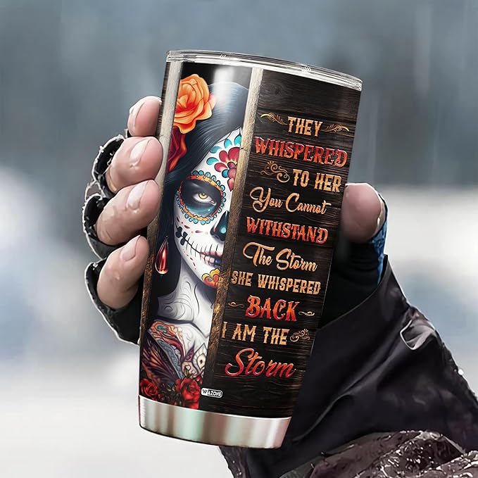 WAZONE Personalized Skull Tumbler Wood Drawing Style Custom Name Double Wall Vacuum 20oz 30oz Stainless Steel Travel Mug Insulated Cup Thermal Cups Novelty Halloween Day Gifts